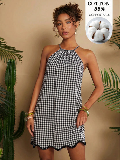 Travachic Woven Plaid Vacation Short Dress For Women Beach Vacation Black And White Checkered Summer Casual Tropical