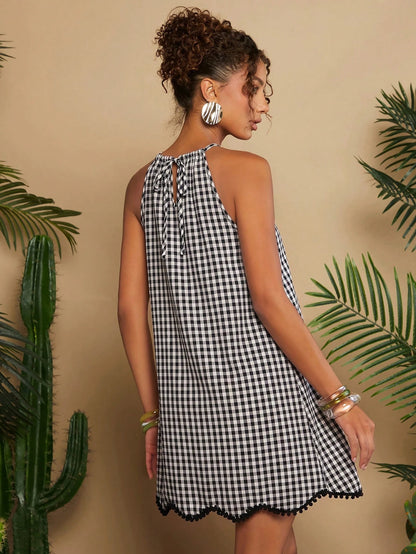 Travachic Woven Plaid Vacation Short Dress For Women Beach Vacation Black And White Checkered Summer Casual Tropical