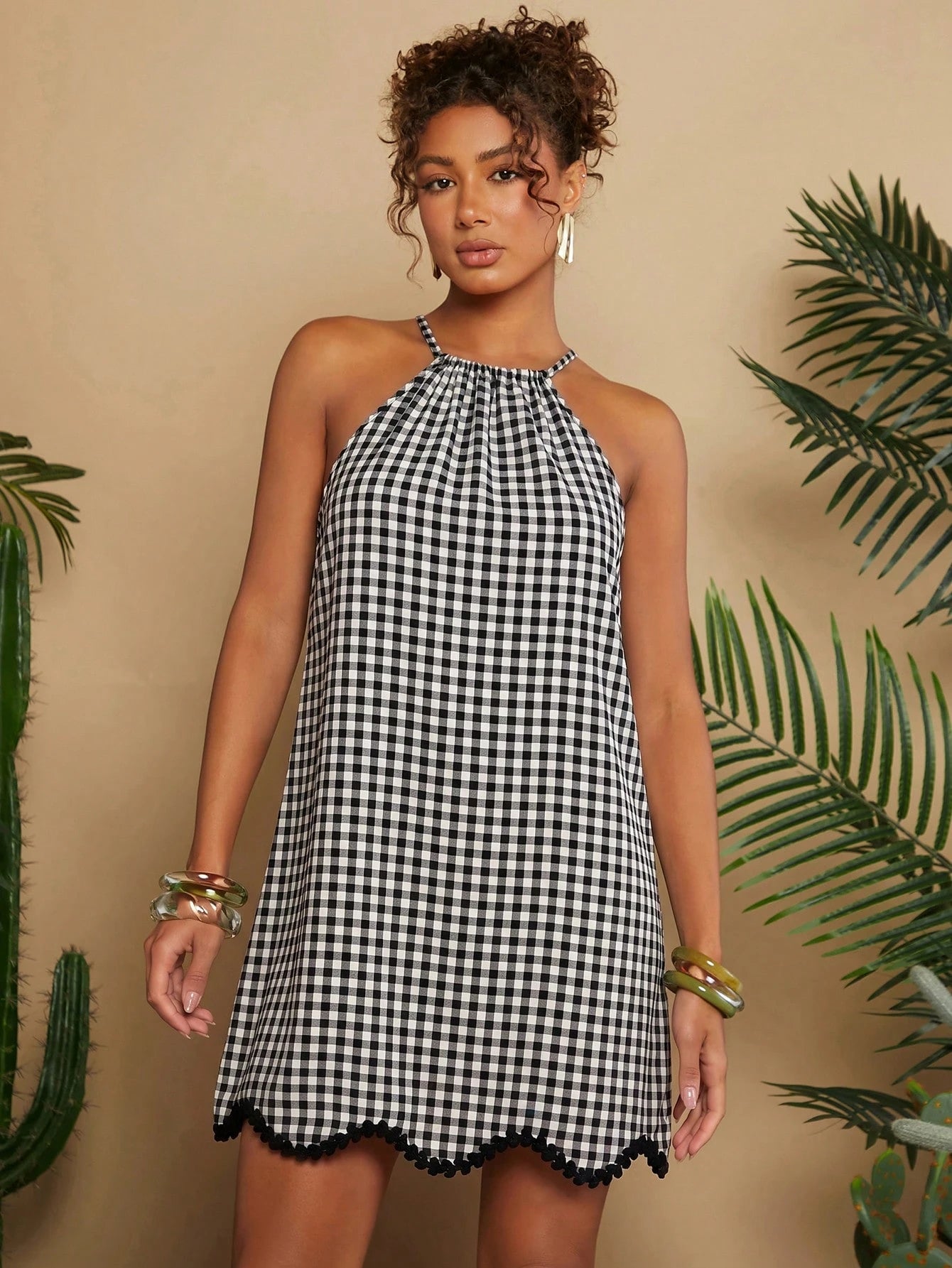 Travachic Woven Plaid Vacation Short Dress For Women Beach Vacation Black And White Checkered Summer Casual Tropical