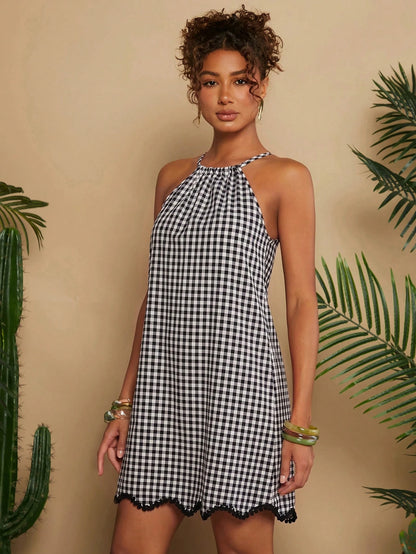 Travachic Woven Plaid Vacation Short Dress For Women Beach Vacation Black And White Checkered Summer Casual Tropical