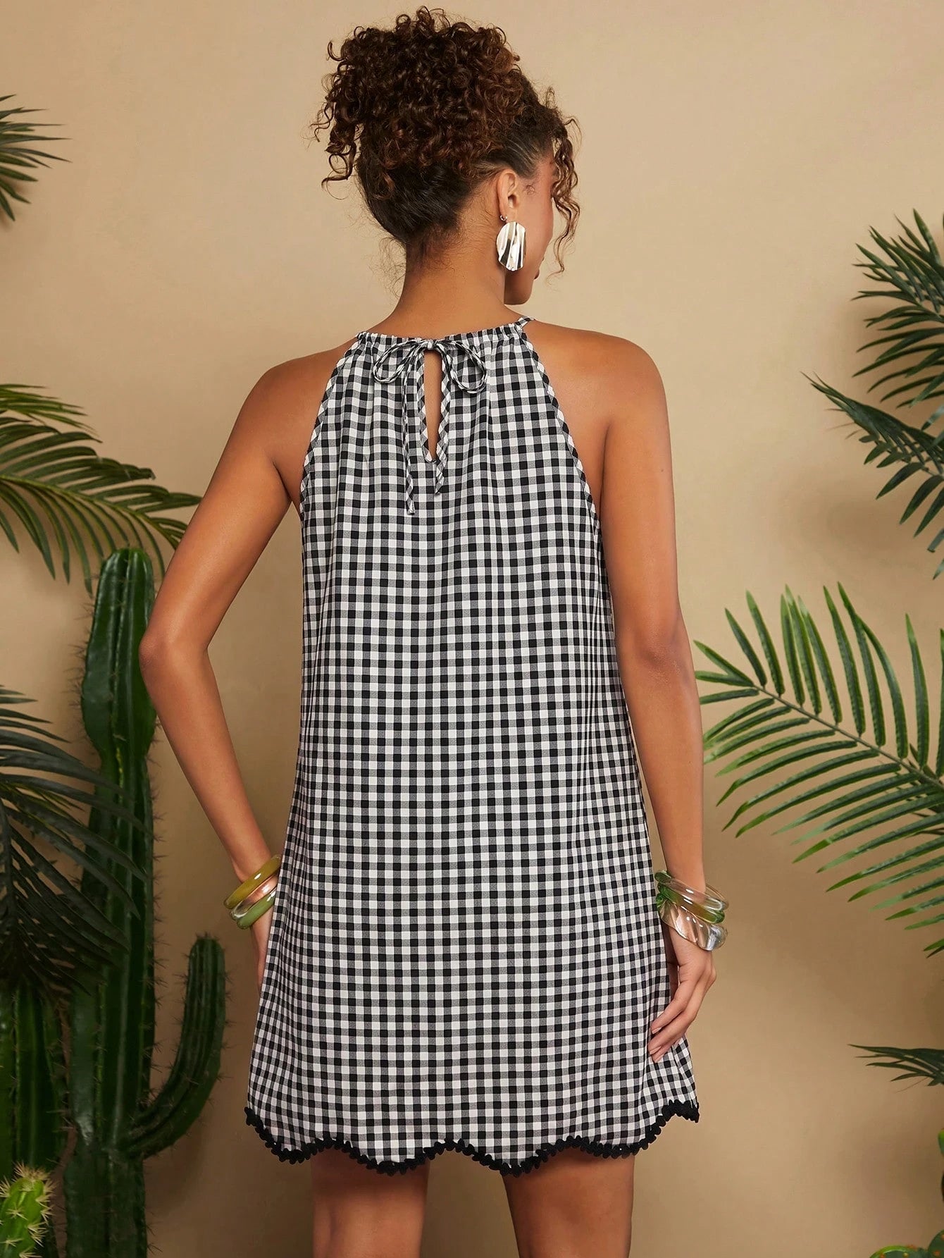 Travachic Woven Plaid Vacation Short Dress For Women Beach Vacation Black And White Checkered Summer Casual Tropical