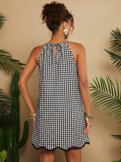 Travachic Woven Plaid Vacation Short Dress For Women Beach Vacation Black And White Checkered Summer Casual Tropical