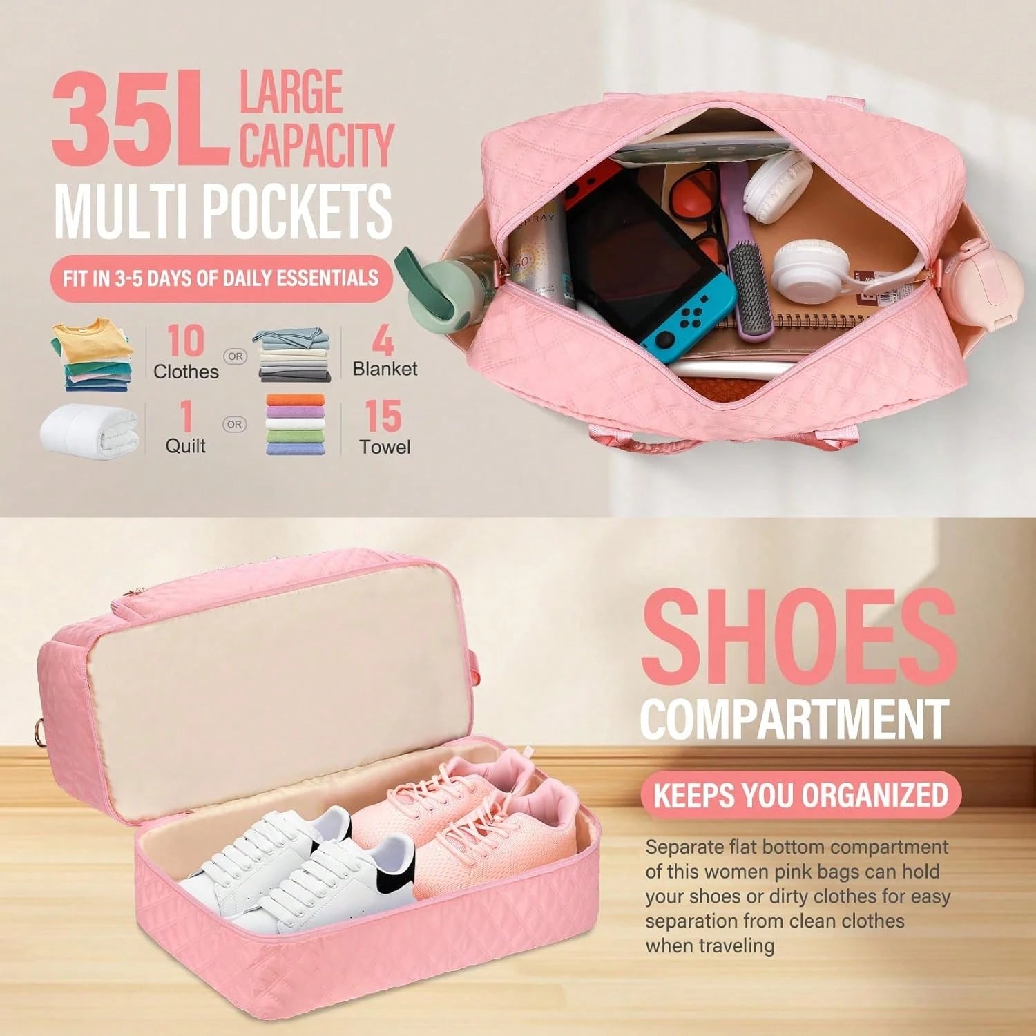Travel Bag For Women Duffle, Weekender Overnight Bag With Shoe Compartment, Carry On Bag With Toiletry Bag, Gym Duffel Bag, Hospital Bags For Labor
