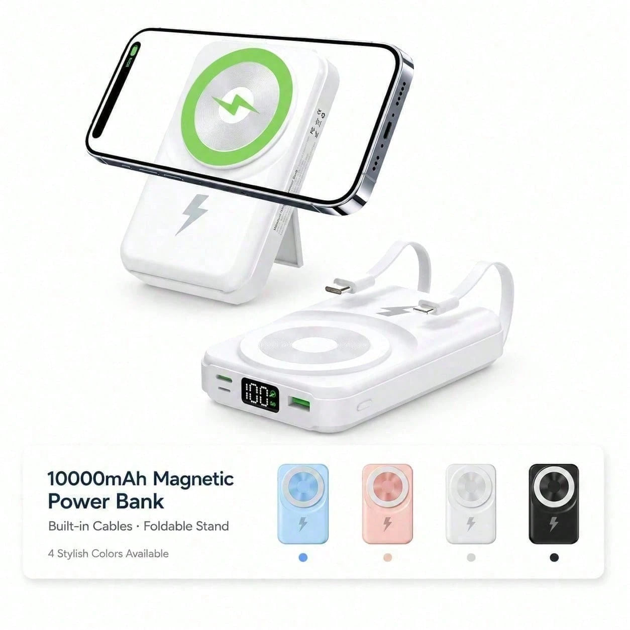 Travel-Ready White 10000mAh Magnetic Battery Pack With 15W Wireless And 22.5W Fast Charging, With Digital Battery Indicator, Slim Rectangular Case And Kickstand For Desk Or Bedside Use, Designed For I