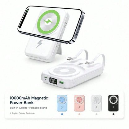 Travel-Ready White 10000mAh Magnetic Battery Pack With 15W Wireless And 22.5W Fast Charging, With Digital Battery Indicator, Slim Rectangular Case And Kickstand For Desk Or Bedside Use, Designed For I