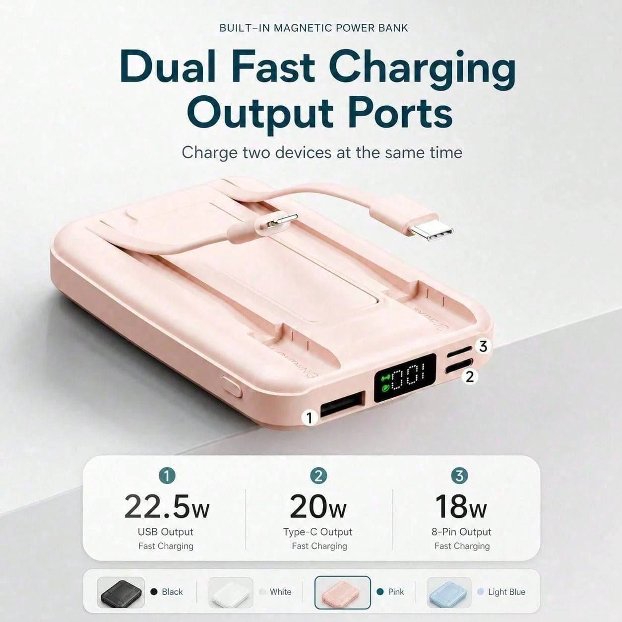Travel-Ready White 10000mAh Magnetic Battery Pack With 15W Wireless And 22.5W Fast Charging, With Digital Battery Indicator, Slim Rectangular Case And Kickstand For Desk Or Bedside Use, Designed For I