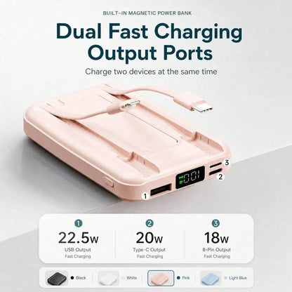 Travel-Ready White 10000mAh Magnetic Battery Pack With 15W Wireless And 22.5W Fast Charging, With Digital Battery Indicator, Slim Rectangular Case And Kickstand For Desk Or Bedside Use, Designed For I
