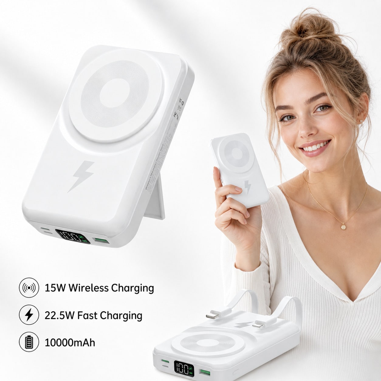 Travel-Ready White 10000mAh Magnetic Battery Pack With 15W Wireless And 22.5W Fast Charging, With Digital Battery Indicator, Slim Rectangular Case And Kickstand For Desk Or Bedside Use, Designed For I