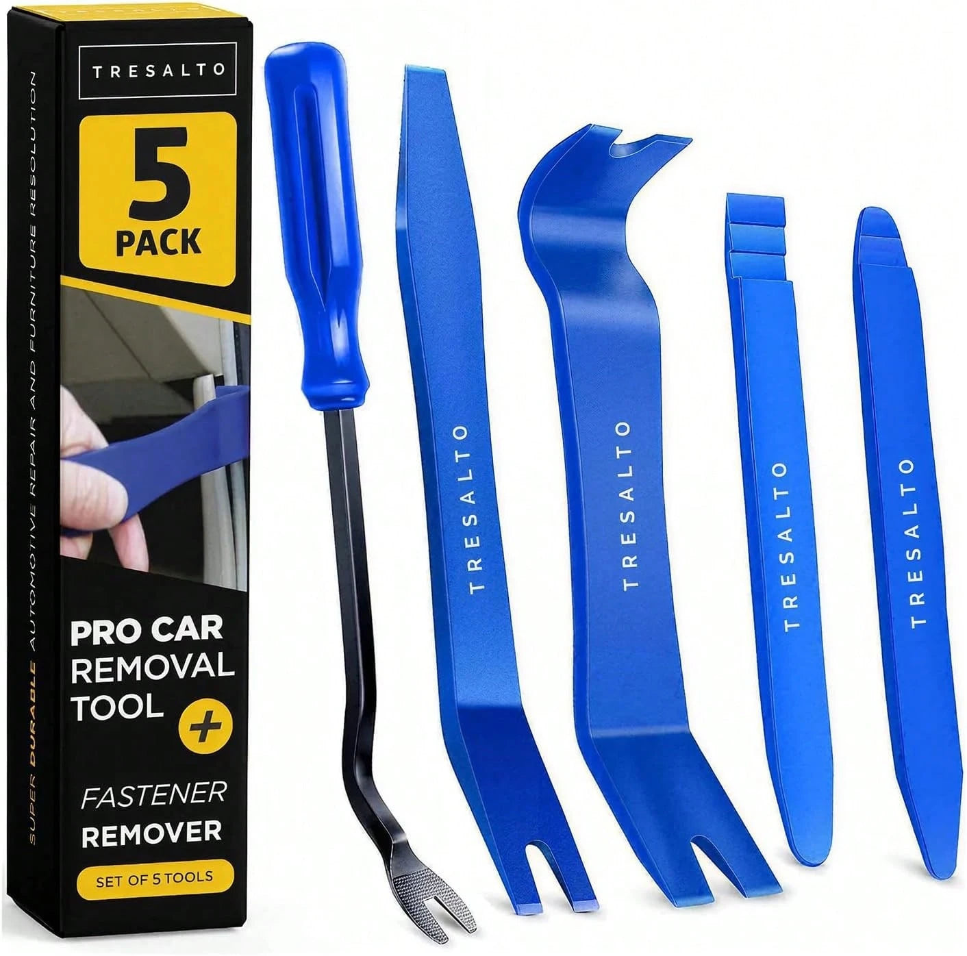 Tresalto Auto Trim Removal Tool Kit- 5 Piece Set For Dash, Door Panel, Clip Remover- Scratch-Resist Nylon Pry Tools For Interior Car Trims Work