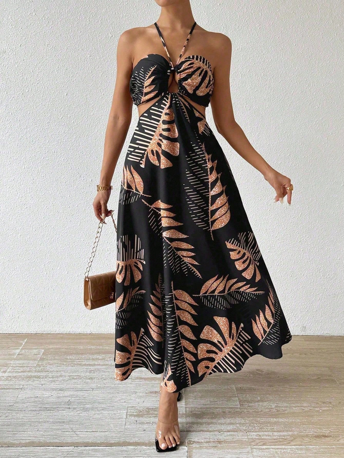Tropical Leaf Print Hollow Out Backless Halter Maxi Beach Dress Vacation Beach Outfits Women