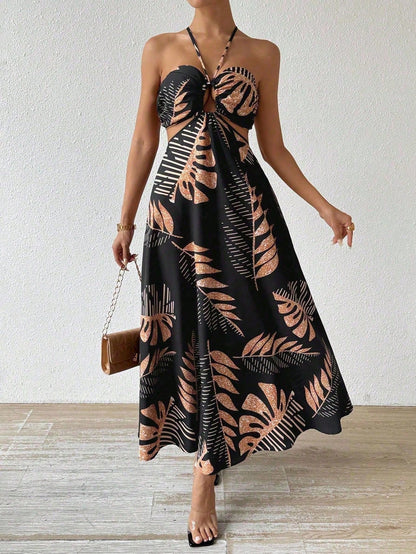 Tropical Leaf Print Hollow Out Backless Halter Maxi Beach Dress Vacation Beach Outfits Women