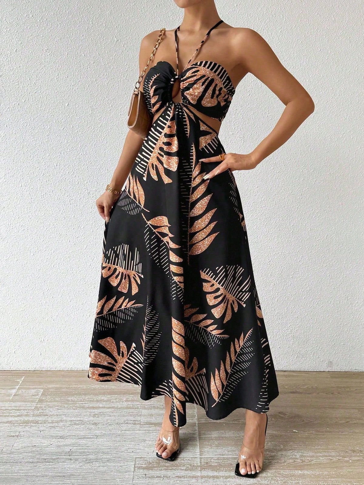 Tropical Leaf Print Hollow Out Backless Halter Maxi Beach Dress Vacation Beach Outfits Women