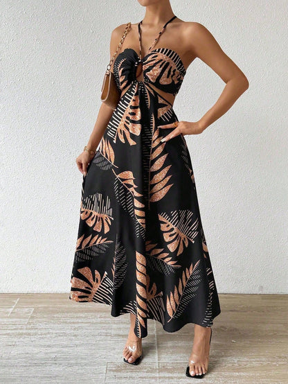 Tropical Leaf Print Hollow Out Backless Halter Maxi Beach Dress Vacation Beach Outfits Women
