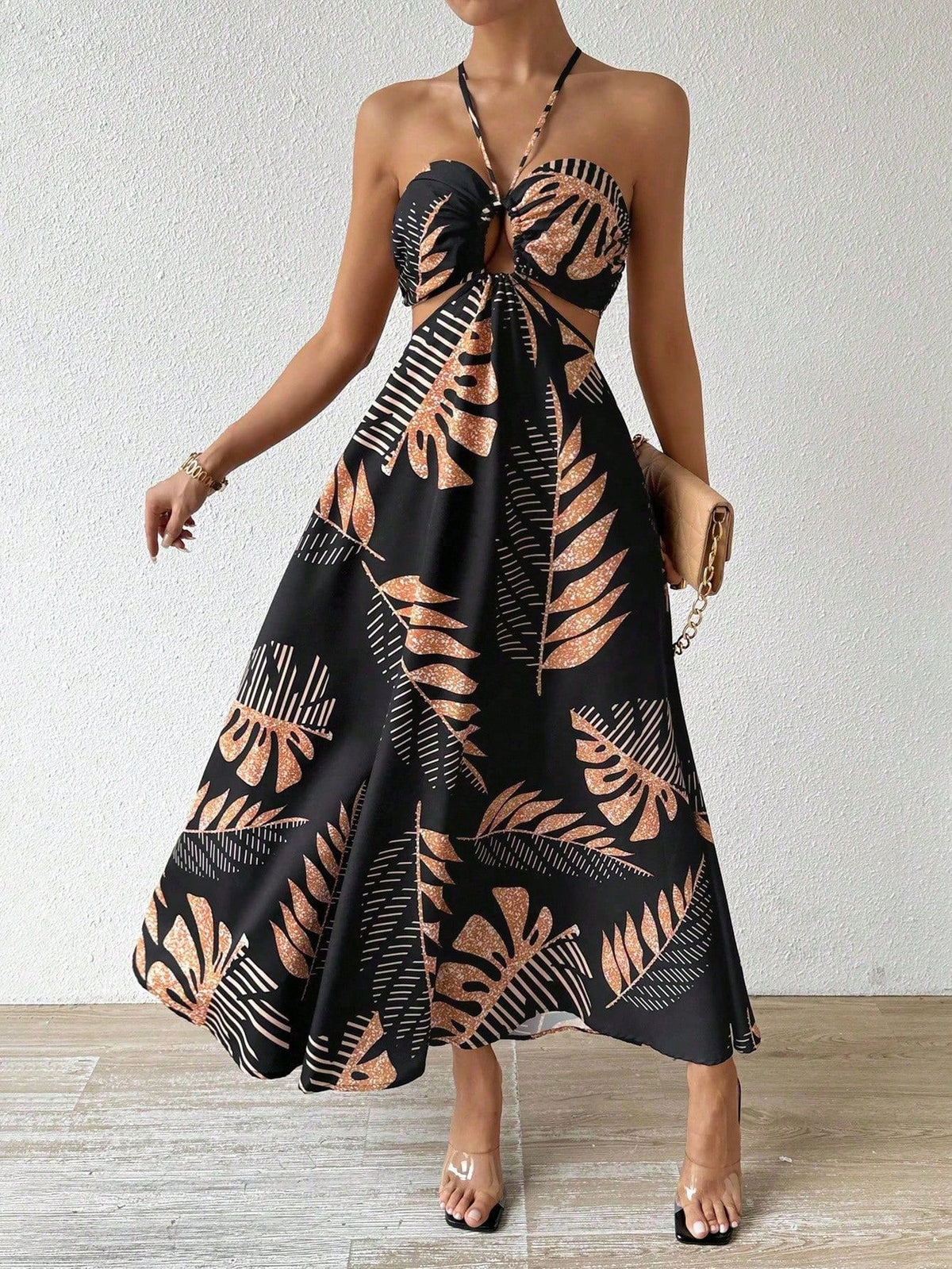 Tropical Leaf Print Hollow Out Backless Halter Maxi Beach Dress Vacation Beach Outfits Women