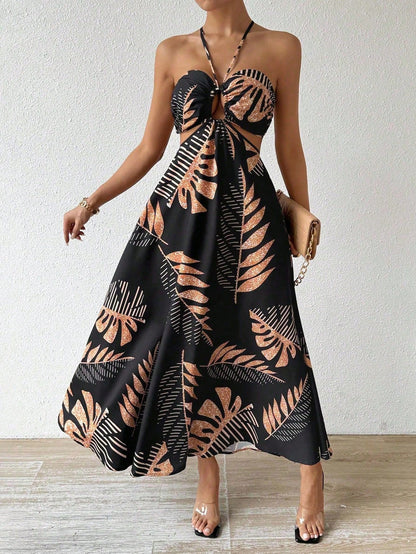 Tropical Leaf Print Hollow Out Backless Halter Maxi Beach Dress Vacation Beach Outfits Women