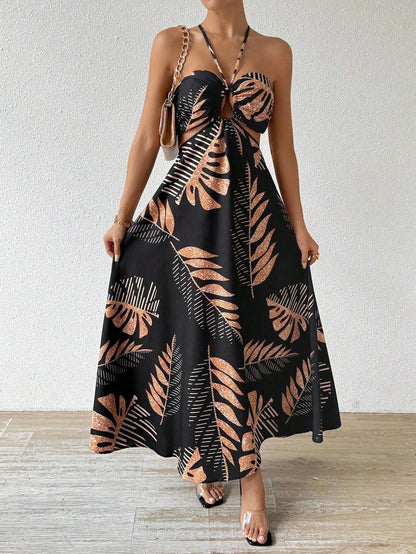 Tropical Leaf Print Hollow Out Backless Halter Maxi Beach Dress Vacation Beach Outfits Women