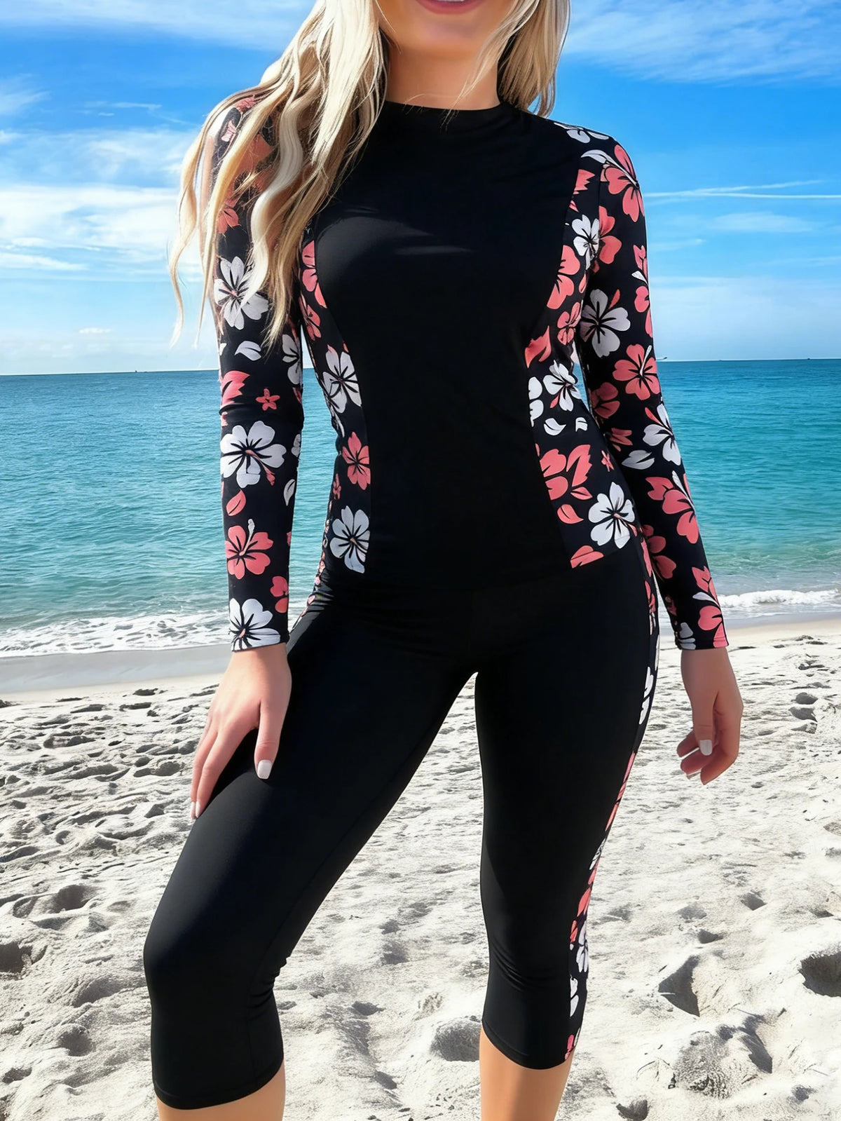 Tropical Print Long Sleeve Top Paired With Capri Pants, Women's Casual Elegant 2 Pieces Swimsuit, Medium Stretch Vacation Beach Black Summer