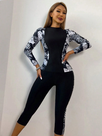 Tropical Print Long Sleeve Top Paired With Capri Pants, Women's Casual Elegant 2 Pieces Swimsuit, Medium Stretch Vacation Beach Black Summer