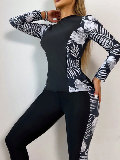 Tropical Print Long Sleeve Top Paired With Capri Pants, Women's Casual Elegant 2 Pieces Swimsuit, Medium Stretch Vacation Beach Black Summer