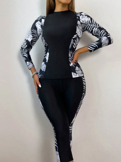 Tropical Print Long Sleeve Top Paired With Capri Pants, Women's Casual Elegant 2 Pieces Swimsuit, Medium Stretch Vacation Beach Black Summer