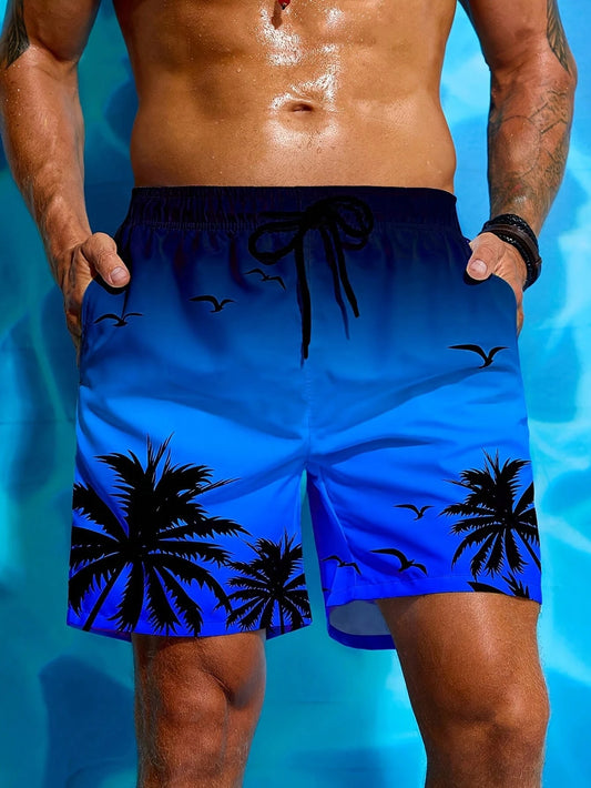 Tropicoqueta Outfits Men's Beach Shorts Summer Essential Blue Gradient With Black Palm Tree And Seagull Print Quick Dry Swim Trunks For Beach Pool Vac