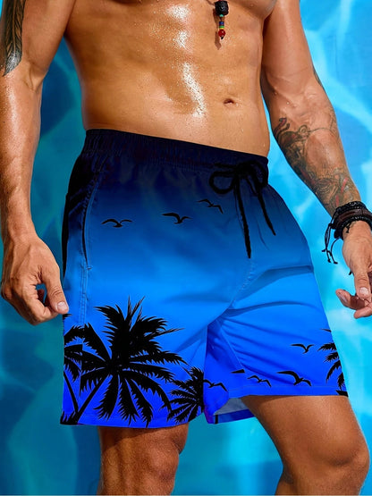 Tropicoqueta Outfits Men's Beach Shorts Summer Essential Blue Gradient With Black Palm Tree And Seagull Print Quick Dry Swim Trunks For Beach Pool Vac
