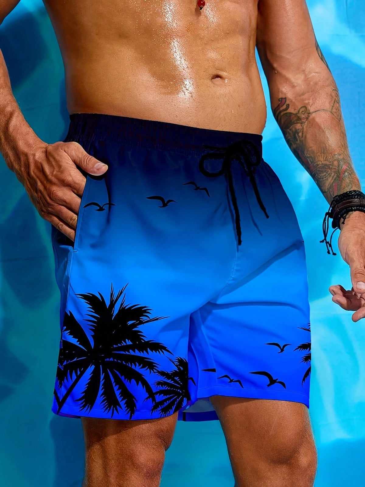 Tropicoqueta Outfits Men's Beach Shorts Summer Essential Blue Gradient With Black Palm Tree And Seagull Print Quick Dry Swim Trunks For Beach Pool Vac