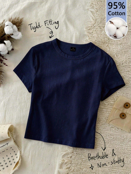 Tseoso 1pc Solid Form Fitted T-Shirt, 95% Cotton, Navy Blue, Suitable For Summer,Summer Top