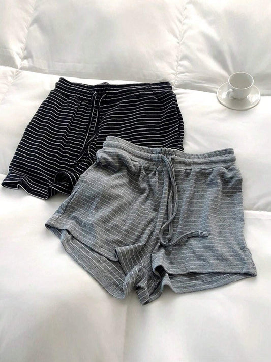 Tseoso 2pcs Set Casual Simple Striped Ladies Home Comfortable Striped Shorts, Summer Suitable For Going Out Women's Sportswear