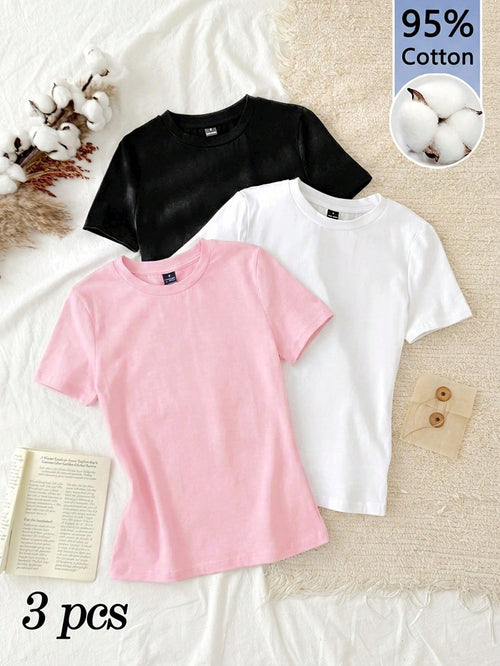 Tseoso 3pcs/Set Women Casual Minimalist 95% Cotton Round Neck Slim Fit Long Tee Shirt Set, Black/White/Pink