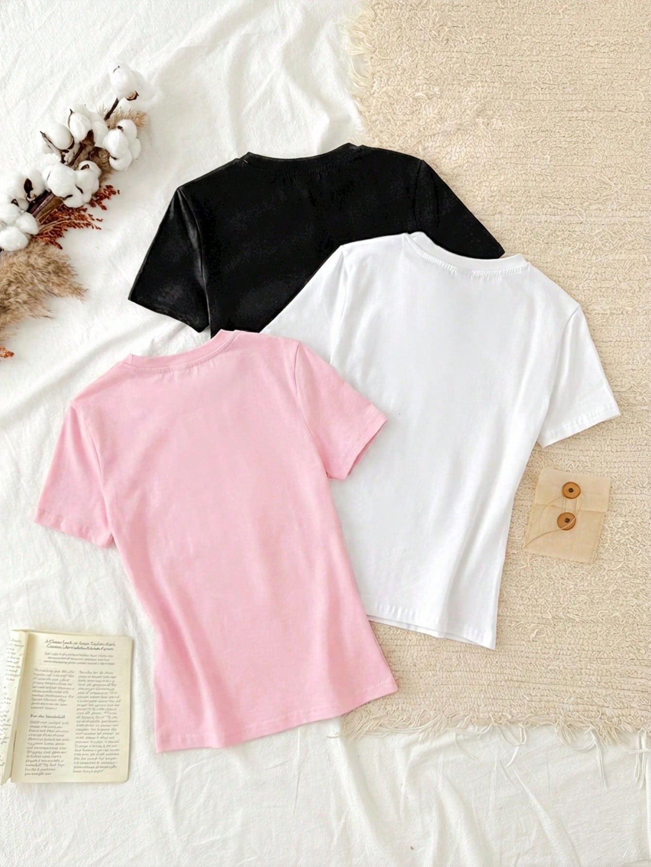 Tseoso 3pcs/Set Women Casual Minimalist 95% Cotton Round Neck Slim Fit Long Tee Shirt Set, Black/White/Pink
