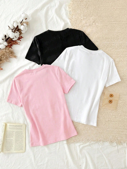 Tseoso 3pcs/Set Women Casual Minimalist 95% Cotton Round Neck Slim Fit Long Tee Shirt Set, Black/White/Pink