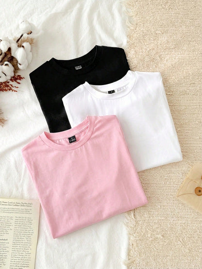 Tseoso 3pcs/Set Women Casual Minimalist 95% Cotton Round Neck Slim Fit Long Tee Shirt Set, Black/White/Pink