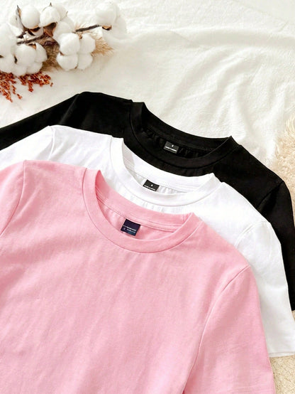 Tseoso 3pcs/Set Women Casual Minimalist 95% Cotton Round Neck Slim Fit Long Tee Shirt Set, Black/White/Pink