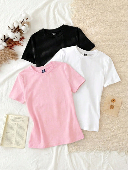 Tseoso 3pcs/Set Women Casual Minimalist 95% Cotton Round Neck Slim Fit Long Tee Shirt Set, Black/White/Pink