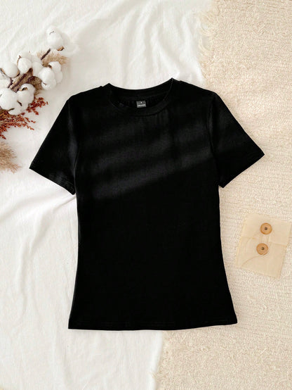 Tseoso 3pcs/Set Women Casual Minimalist 95% Cotton Round Neck Slim Fit Long Tee Shirt Set, Black/White/Pink