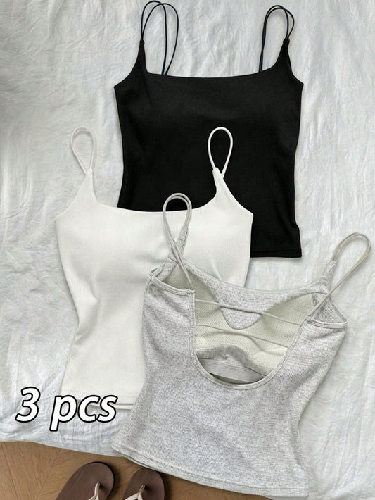 Tseoso 3pcs Women's Ribbed Camisole With Padded Bra,White And Black,Grey,Summer Basics Everyday,Casual Retro Vintage Y2K Style,Yoga Sports & Activewear