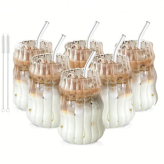 TUMATICLY 6PCS Glass Coffee Mug With Straw, Vintage Stripe Design, Office Simple Water Cup, Suitable For Iced Coffee And Drinks, Commercial Coffee Mug, Mug, Drinking Utensils, Holiday Gifts, Gift With