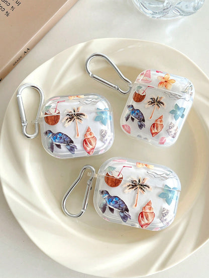 Turtle Coconut Shell Earphone Case, Beach Earphone Case, Transparent Earphone Case With Free Earphone Case Hook, Compatible With Wireless Earbud Charging Case, Compatible With Gen 3 Noise Cancelling E