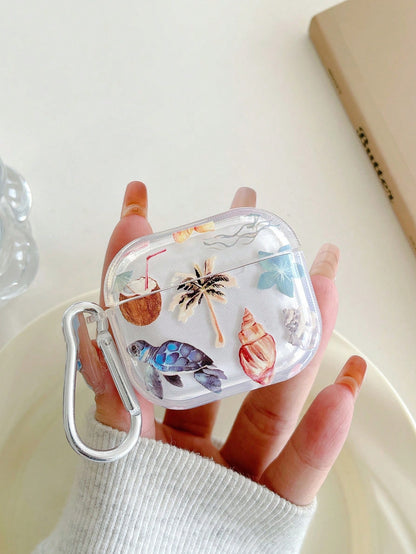 Turtle Coconut Shell Earphone Case, Beach Earphone Case, Transparent Earphone Case With Free Earphone Case Hook, Compatible With Wireless Earbud Charging Case, Compatible With Gen 3 Noise Cancelling E