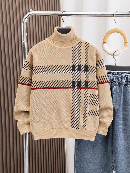 Tween Boy Khaki Plaid Jacquard Knit Sweater, Suitable For Commuting, School, Casual, College, Sports,In Fall/Winter