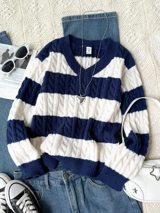 Tween Girls' Stripe Contrast Color Twist Rope V-Neck Lantern Sleeve Loose Fit Pullover Sweater, Suitable For Autumn/Winter And Outdoor Wear Fall