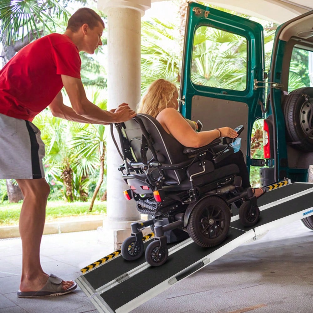 Tzou Portable Aluminum Wheelchair Ramp 9ft, Portable Wheelchair Ramp With Anti-Slip Surface & Handle, Holds Up To 600lbs, For Home Stair Doorway