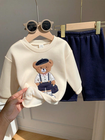 Unisex Baby Boy/Girl Baby Boy 2pcs Autumn/Winter Casual Cute Bear Patchwork Embroidery Pattern Sweatshirt And Pants Set, Sweatshirt Set