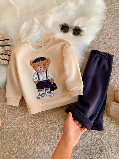 Unisex Baby Boy/Girl Baby Boy 2pcs Autumn/Winter Casual Cute Bear Patchwork Embroidery Pattern Sweatshirt And Pants Set, Sweatshirt Set