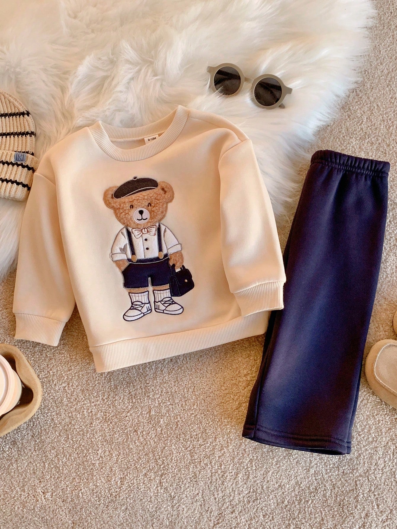 Unisex Baby Boy/Girl Baby Boy 2pcs Autumn/Winter Casual Cute Bear Patchwork Embroidery Pattern Sweatshirt And Pants Set, Sweatshirt Set