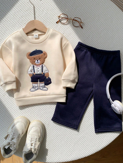 Unisex Baby Boy/Girl Baby Boy 2pcs Autumn/Winter Casual Cute Bear Patchwork Embroidery Pattern Sweatshirt And Pants Set, Sweatshirt Set
