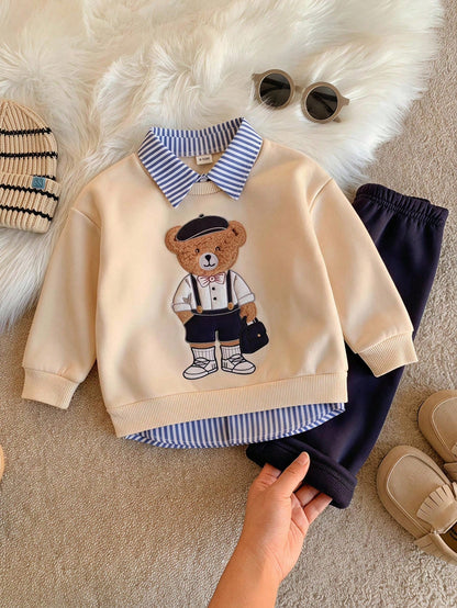 Unisex Baby Boy/Girl Baby Boy 2pcs Autumn/Winter Casual Cute Bear Patchwork Embroidery Pattern Sweatshirt And Pants Set, Sweatshirt Set