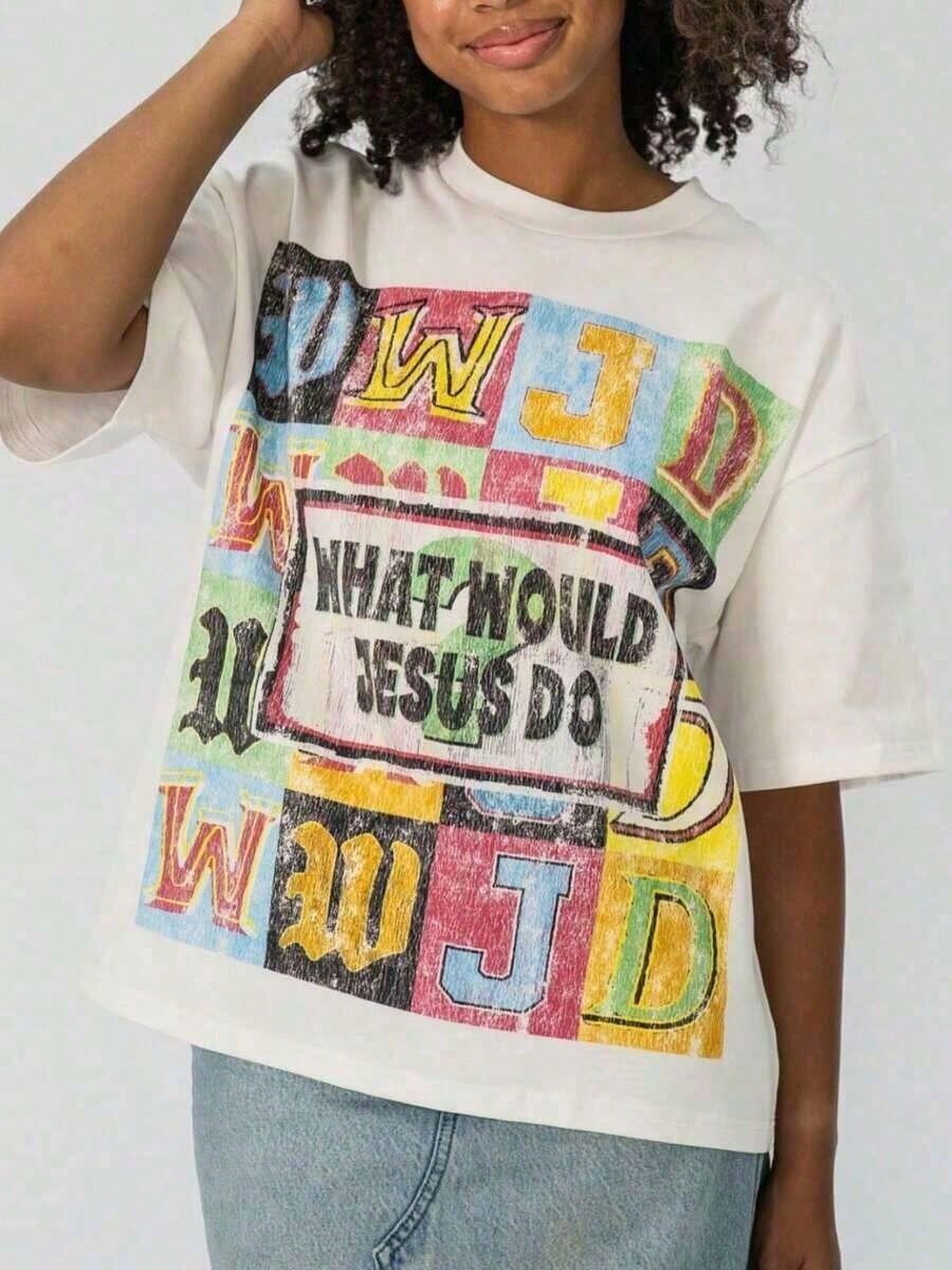 Unisex Drop Shoulder Oversized WWJD Christian T-Shirt, Vintage Letter Color Block Print Short Sleeve Top, Casual Summer Tees For Women