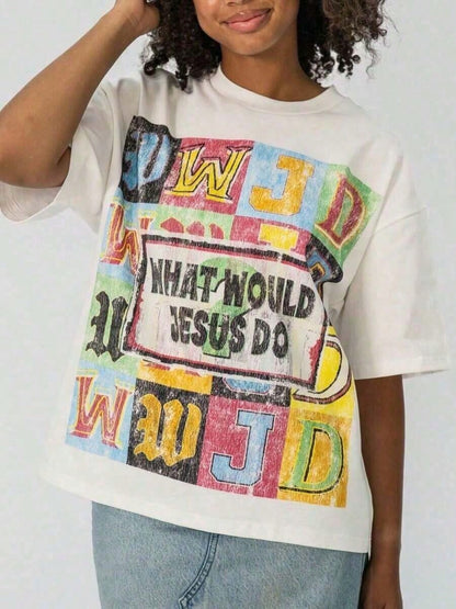 Unisex Drop Shoulder Oversized WWJD Christian T-Shirt, Vintage Letter Color Block Print Short Sleeve Top, Casual Summer Tees For Women